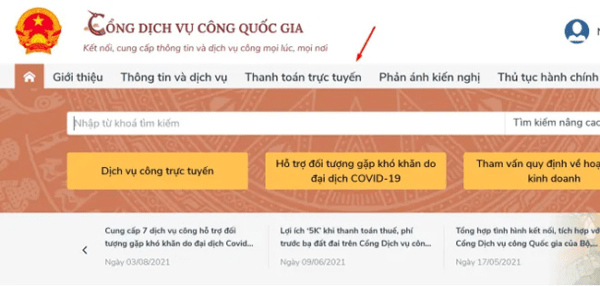 Chọn mục Thanh toán trực tuyến trên cửa số của Website