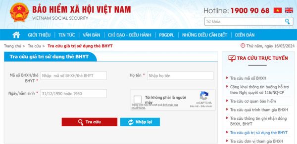 Tra cứu giá trị sử dụng thẻ BHYT trên website của Bảo hiểm xã hội Việt Nam